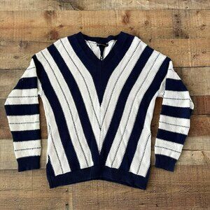 Pretty Garden Navy Blue & White Chevron V-neck Pullover Knit Sweater -S